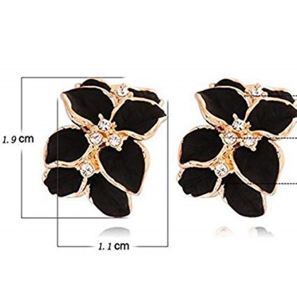 Black Enamel Floral Earrings w Rhinestone Accents - Picture 5 of 6
